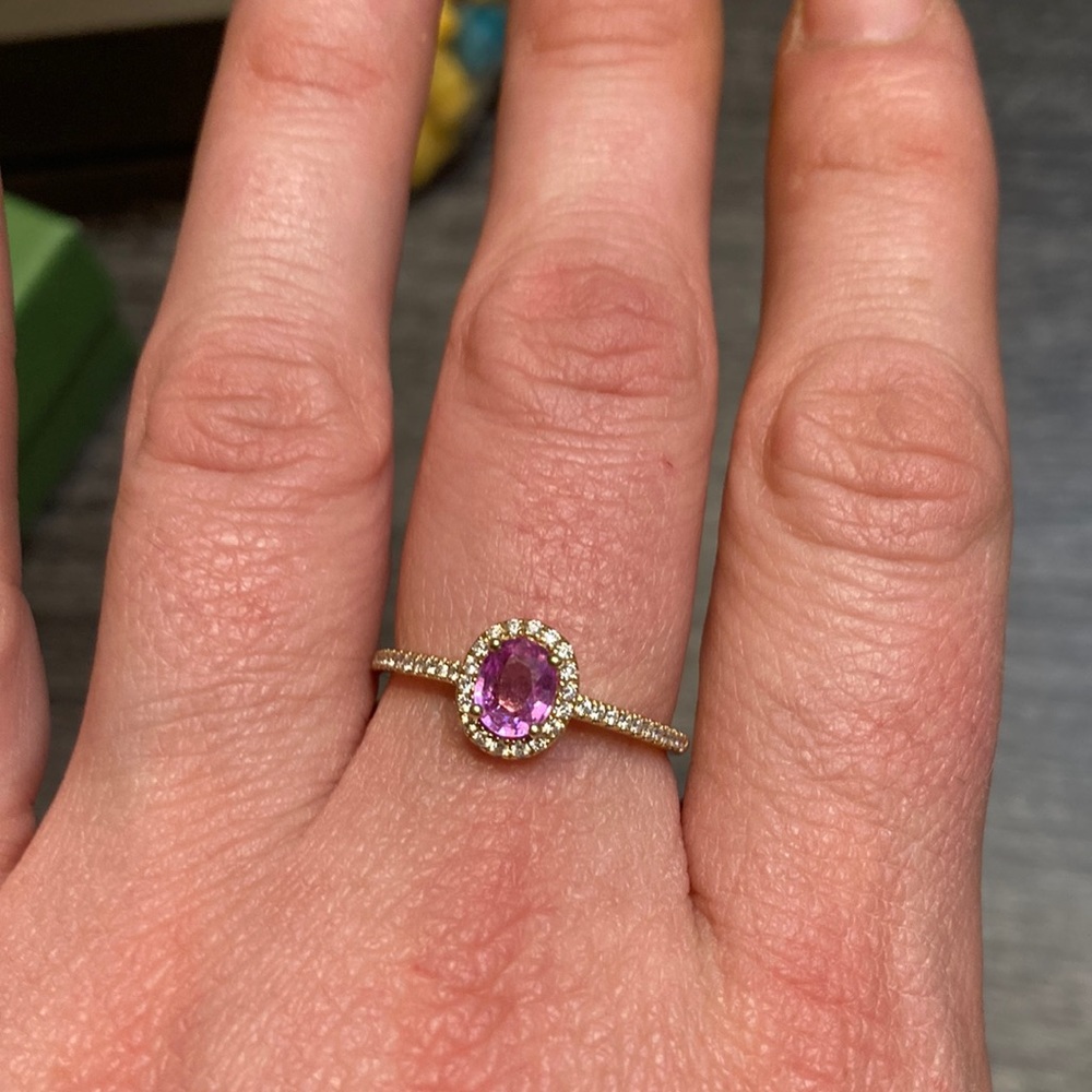 14k yellow gold and diamond band with halo pink sapphire ring